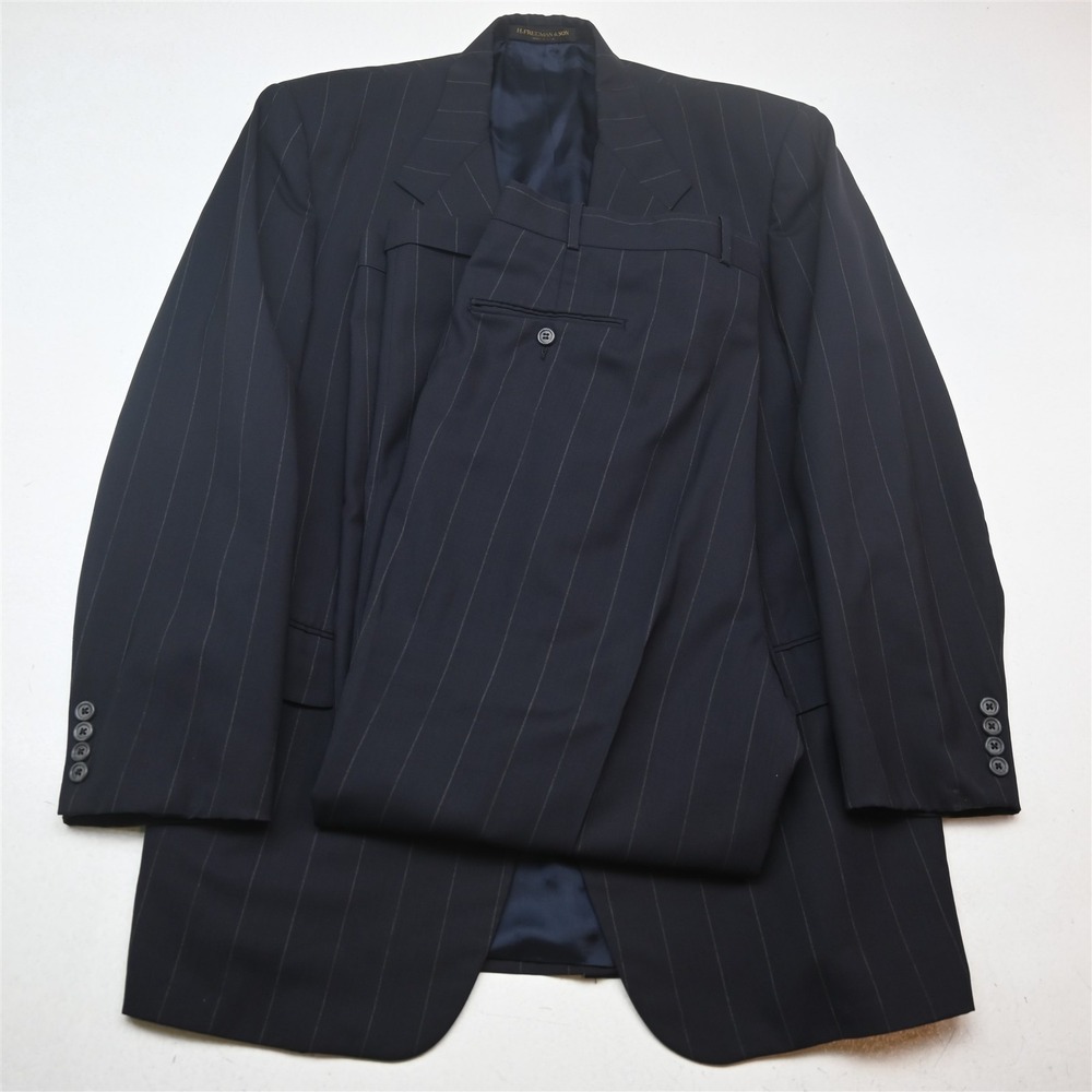Vtg USA Made H Freeman 44R 38x30 Navy Blue Chalk Stripe Wool Mens Suit
